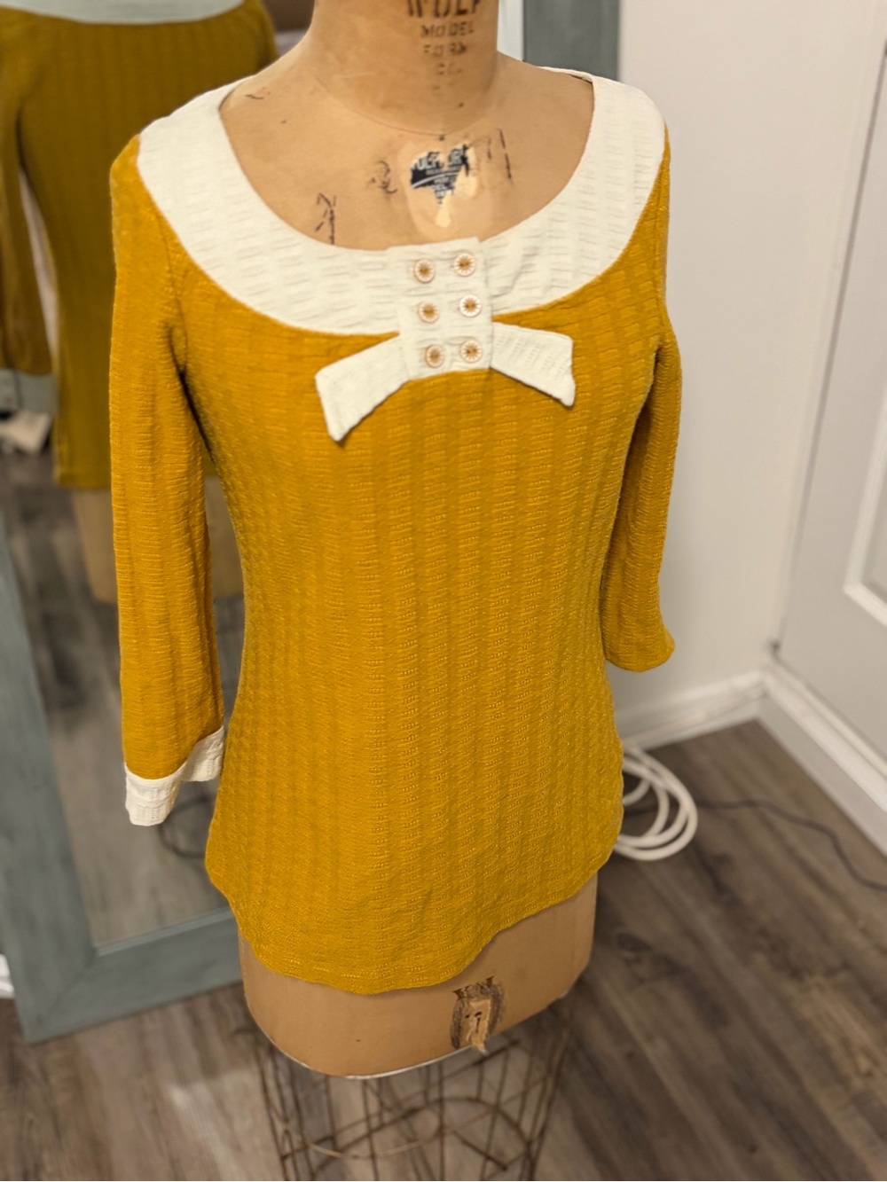 Pilcro Anthropology Mustard Yellow Knit Top with Cream Trim and Decorative Bow